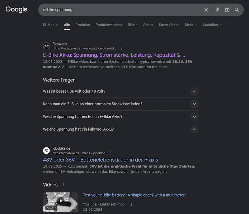 SCREENSHOT: Google Desktop – „E-Bike Spannung“ auf Position 1